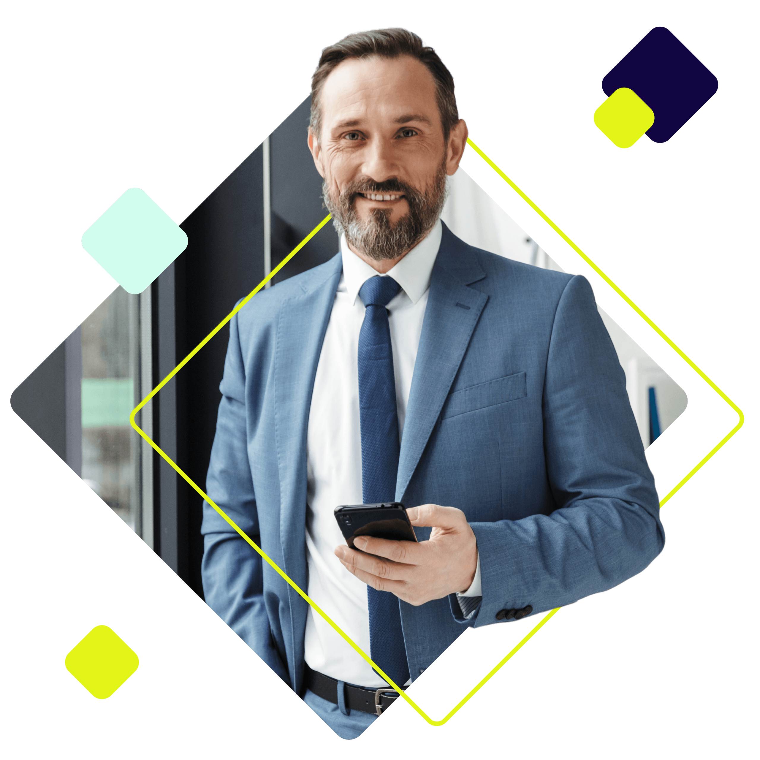 Business-Mann im blauen Anzug, mit Handy in der Hand